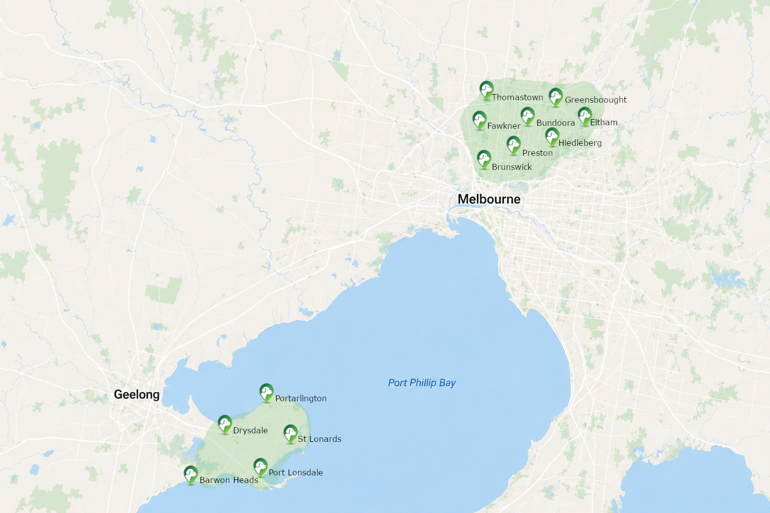 Service area map for Northern Melbourne and Geelong